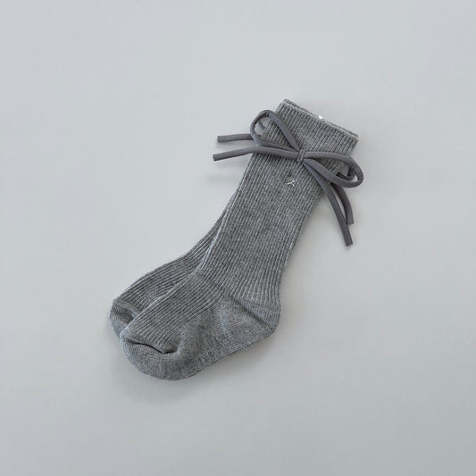 Ribbed Knee Socks with Bow, Grey