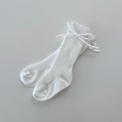 Ribbed Knee Socks with Bow, Ivory