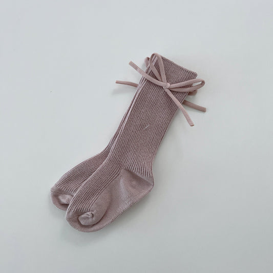 Ribbed Knee Socks with Bow, Dusty Pink